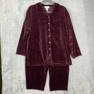 Talbots Petites Velour Set Button Up‎ Top Pants PL Purple 2 Pc Velvet Comfy Cozy